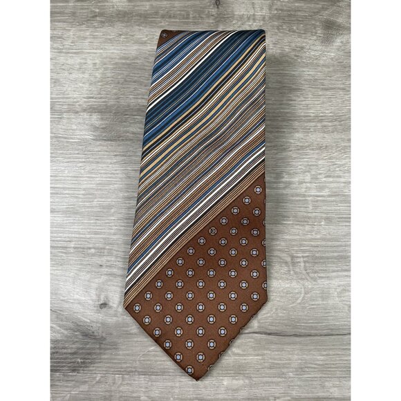 Designer YVES SAINT LAURENT YSL Brown Blue Striped Silk Tie 55" Paris New York - Picture 1 of 7